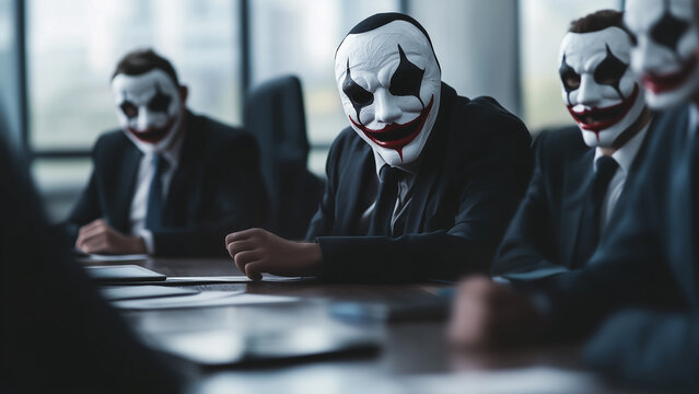 A group of business executives sits in a high-stakes boardroom meeting, all wearing Joker face masks. Symbolizes the black market and hidden agendas.