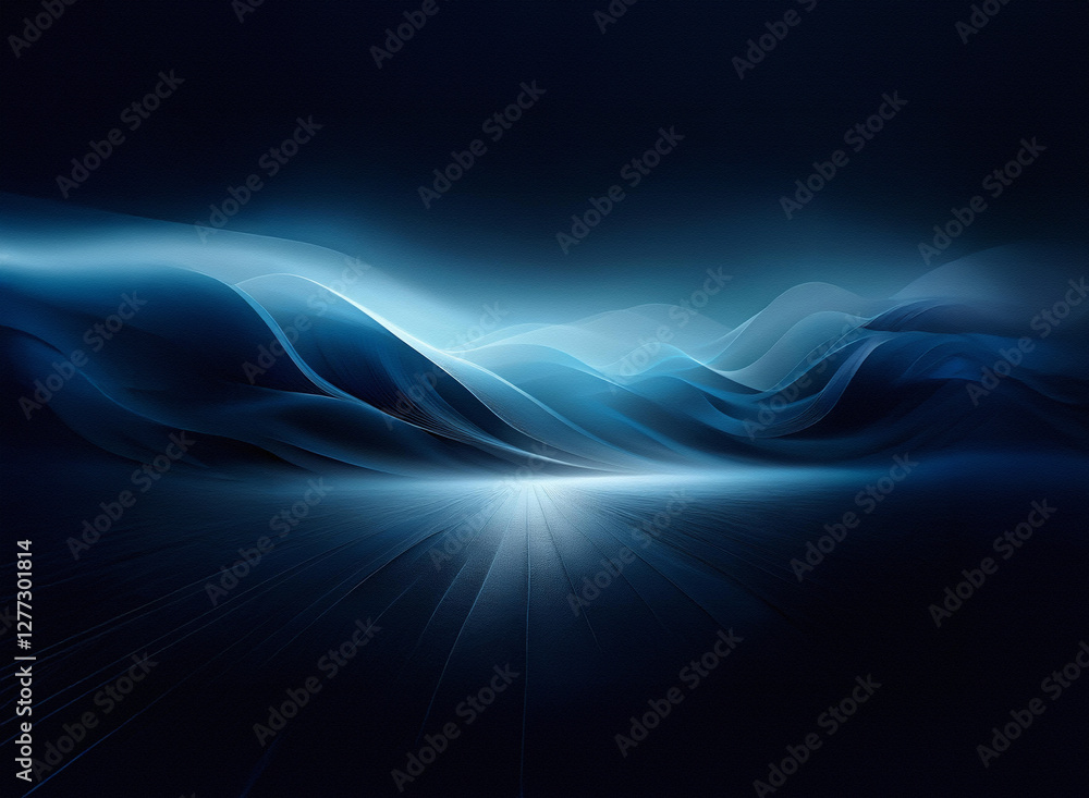 Poster abstract background with flowing blue waves and a bright light emanating from the horizon. dark and 