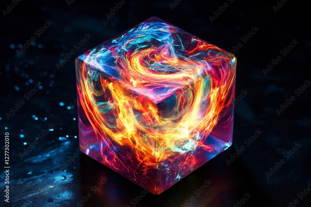 Poster colorful abstract light within a transparent cube displaying energy