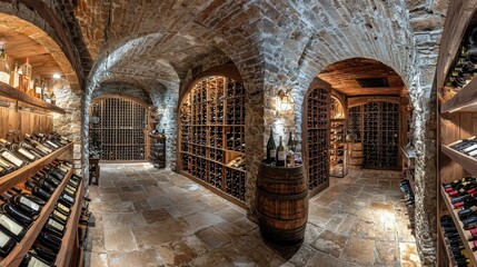 Fototapeta premium Cozy rustic wine cellar with wooden shelves and stone walls