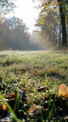 Fototapeta premium Morning Dew on Grass with Misty Pathway in Autumn Forest