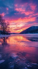 Stunning Winter Sunset Over a Frozen River in Vibrant Colors