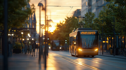 Obraz premium Urban transportation scene featuring a modern electric bus traveling down a tree-lined street at sunset with warm light and pedestrian activity in the background