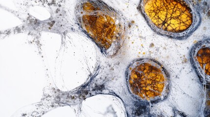 Aging cells magnified under a microscope in a laboratory. Featuring the biological effects of aging on cells
