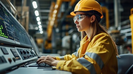 Female Engineer Working Diligently at Control Panel in Industrial Setting with Safety Gear and High-Technology Equipment in Factory Environment
