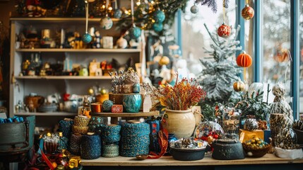 Colorful Holiday Decorations and Crafts Arranged in Cozy Shop