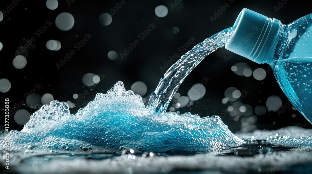 Poster liquid splash from bottle captured with bokeh effect and foam
