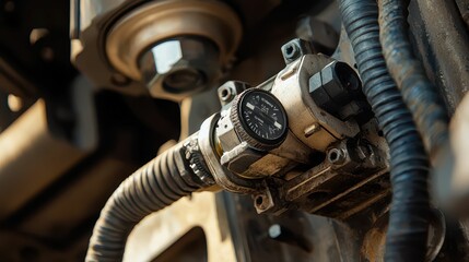 Fototapeta premium Close-up of Industrial Pressure Gauge on Machinery Component