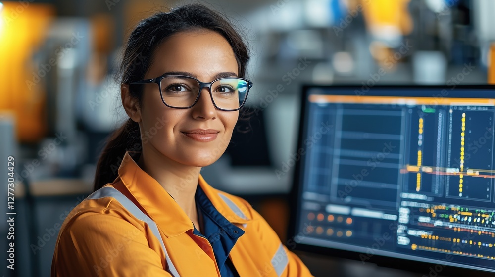 Aufkleber confident female engineer in safety gear working at computer with data visualization and analysis so