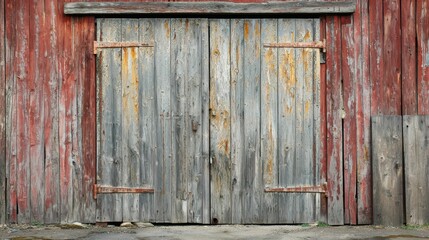 Rustic Wooden Barn Doors with Weathered Red and Gray Paint