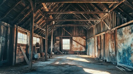 Fototapeta premium Rustic Abandoned Barn Interior with Weathered Wood and Sunlight