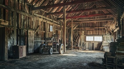 Rustic Barn Interior with Wooden Beams and Vintage Tractor Equipment