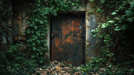 Weathered Metal Door Surrounded by Green Vines in an Abandoned Area