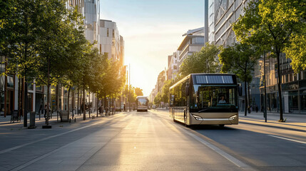 Modern City Streetscape with Solar-Powered Buses at Sunset Alongside Urban Architecture with Lush Trees and Clear Blue Skies