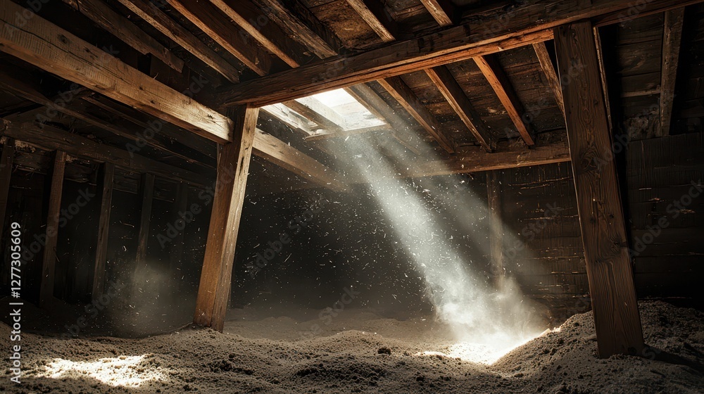 Poster light shining through attic window in dusty old building