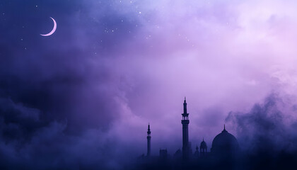 Obraz premium Ramadan Kareem greeting. Islamic crescent moon and lantern. End of fasting. ramadan decorations, Eid al-Fitr. Breaking of holy fast day. Muslim holiday. Arab night sky. 