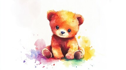 Adorable teddy bear sitting amidst colorful watercolor splashes.