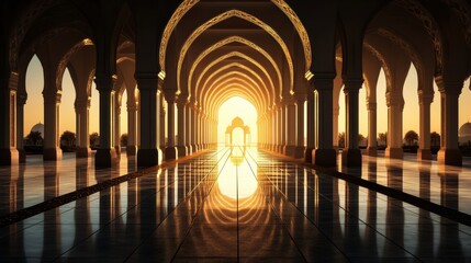 Serene Sunset in Majestic Archway with Reflective Floors