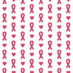 Seamless pattern with pink ribbons and hearts symbolizing breast cancer awareness and love.
