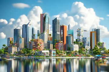 Fototapeta premium Modern Cityscape with Skyscrapers, Waterfront, and Green Spaces