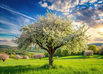High-resolution spring panorama: blooming apple blossoms, vibrant green foliage, stunning nature wallpaper.