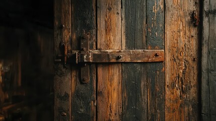 Rustic Vintage Wooden Door with Weathered Metal Hardware Detail