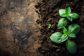 Fresh green basil seedlings growing in fertile soil on rustic wooden background, with copy space. Concept of organic gardening, sustainable agriculture and farm to table movement