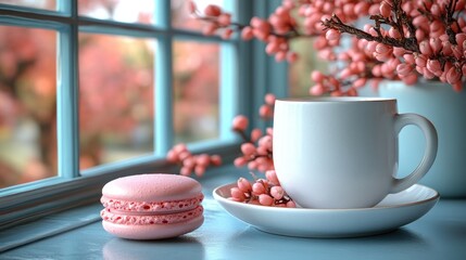 Pink macaron and coffee cup by window