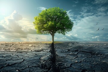 Dramatic contrast between living green tree and dead cracked earth landscape, showing climate change, impact on environment, with birds flying in sky. Global warming and environmental protection