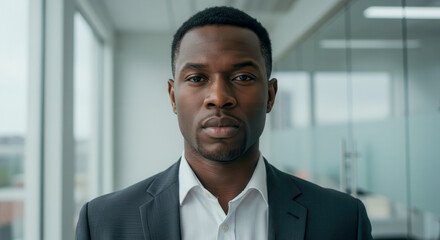 Portrait of a professional man in a suit with neutral expression in office setting.