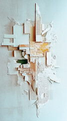 Abstract composition showcasing layered textures and colors resembling a fragmented urban landscape