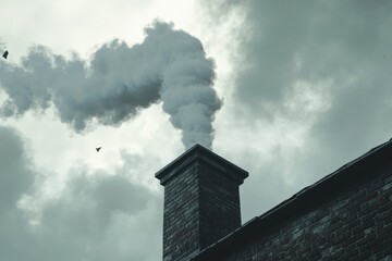 Smoke Emanating from Brick Chimney Against Overcast Sky