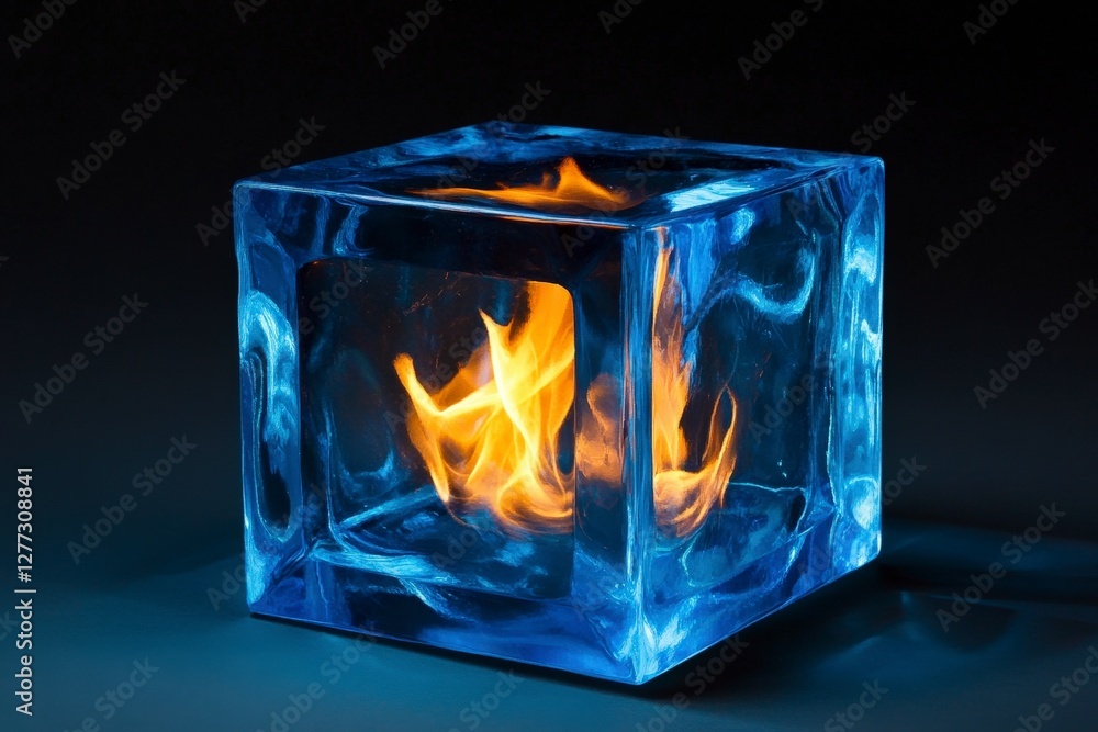 Poster blue ice cube with flame effect creating a stunning visual contrast