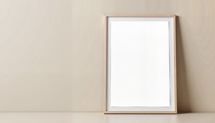 A vertical poster mockup framed in wood and displayed against a beige wall, creating a cozy and modern aesthetic. Ideal for presenting artwork, branding designs, or creative visuals.