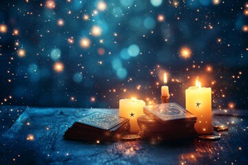 Mystical Tarot Cards with Candles and Sparkling Background