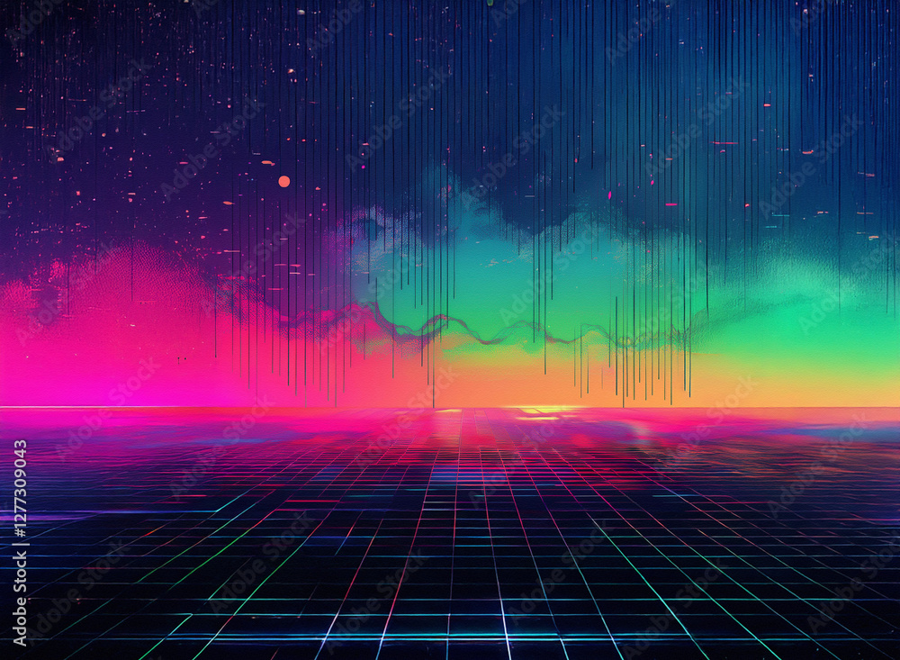 Poster vibrant synthwave background with a retro grid foreground and colorful gradient sky. neon colors cre