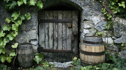Fototapeta premium Rustic Wooden Door with Stone Wall and Vintage Barrels in Nature