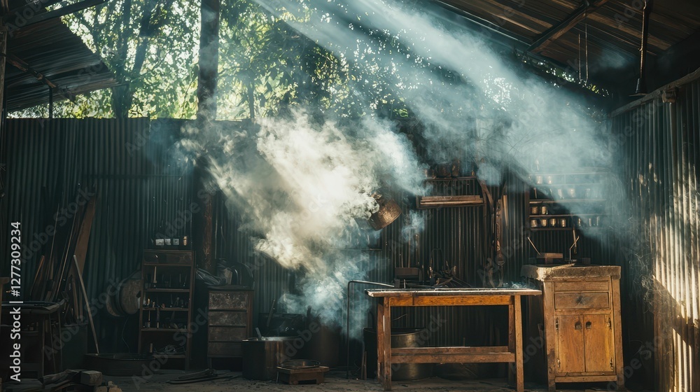 Poster sunlight filters through smoke in rustic workshop environment