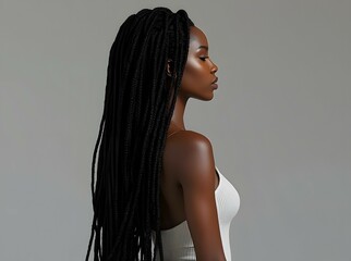 Black woman with long dreadlocks, long faux locs, side view, locs hairstyle