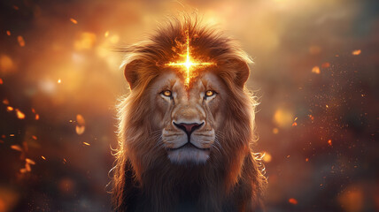 majestic lion with glowing cross on its head, surrounded by warm, ethereal glow and floating particles, evokes sense of power and spirituality
