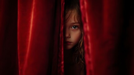 Child Peeking Through Red Velvet Curtain With Curious Expression