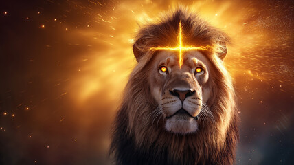Fototapeta premium Majestic lion with glowing cross on its head, radiating power and spirituality. vibrant background enhances lion fierce expression, creating captivating and symbolic image