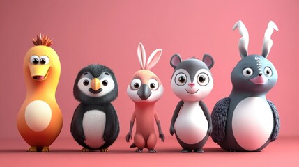 Obraz premium Cartoon animal characters, standing in a row, cute and colorful design, vibrant background.
