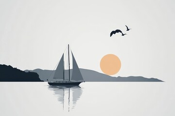 Serene Sailboat at Sunset with Birds over Calm Water