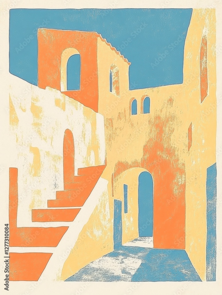 Poster colorful abstract architecture with steps and arches in bright tones