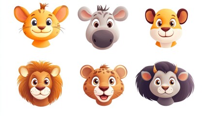 Obraz premium Cartoon animal faces, adorable lion, tiger, zebra, leopard, and rhino heads, childlike illustration.