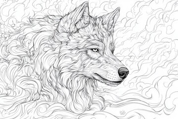 Detailed Line Art of a Majestic Wolf Amidst Swirling Clouds