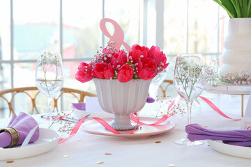 Elegant table setting with beautiful tulips for International Women's Day celebration