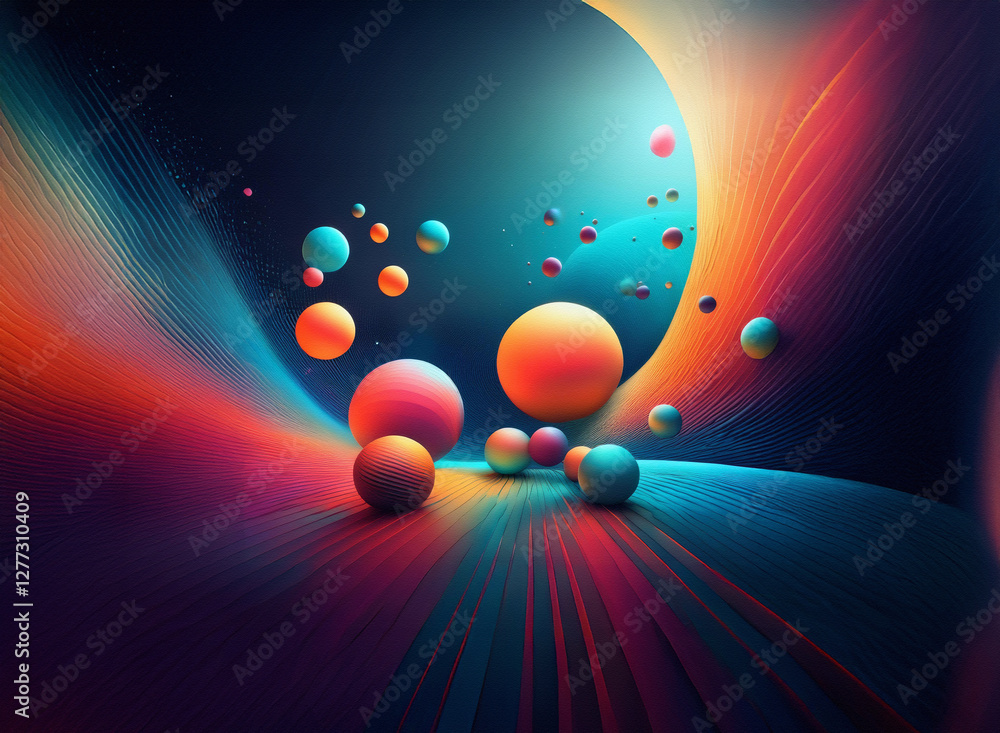 Poster vibrant spheres float against a dynamic, colorful background of flowing lines and gradients, creatin