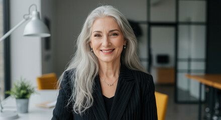 Fototapeta premium Portrait of mature woman with gray hair, wearing a suit and smiling confidently.